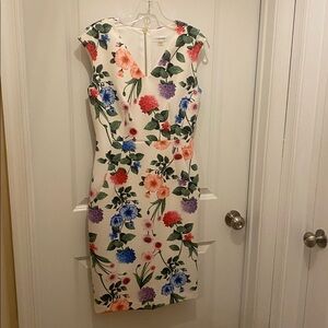 Calvin Klein White Floral Midi Sheath Dress with Multicolor Blooms